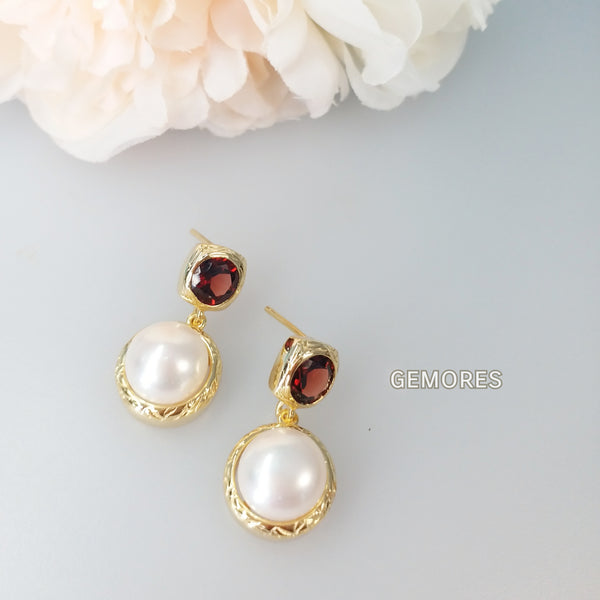 Vintage Imperial sparkling faceted garnet with lustrous pearl bezel earrings