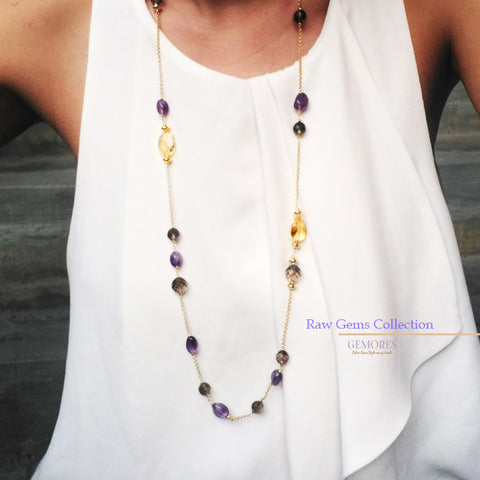 Raw Gems collection citrine with pink amethyst long necklace in 18K gold