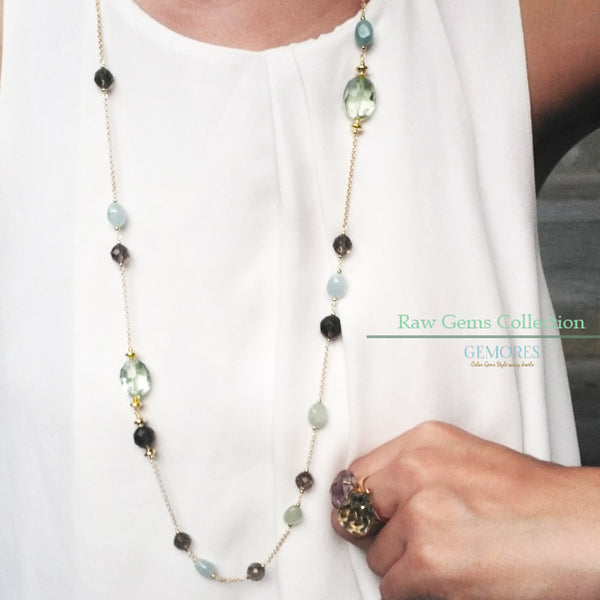 Raw Gems collection rock prasiolite with ocean aqua long necklace in 18K gold