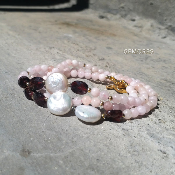 En Saison pink morganite with burgundy garnet charm bracelet