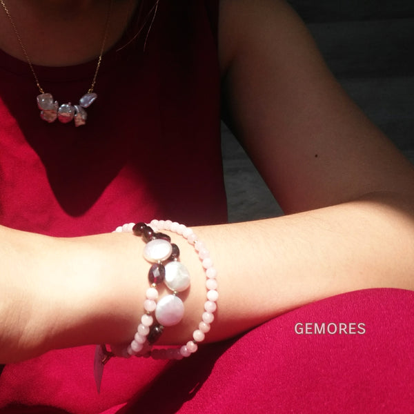 En Saison pink morganite with burgundy garnet charm bracelet