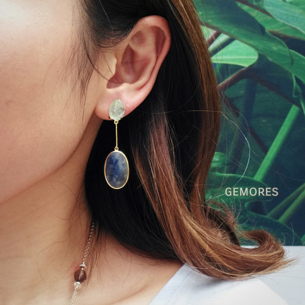 Brazilian blue Aqua rough cut earrings with blue sapphire in 18K gold plated