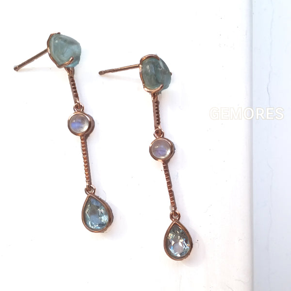 Beryl rough cut aquamarine drop earrings in 18K gold plated