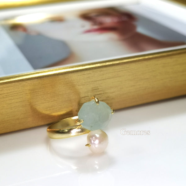 Raw Gems blue aqua with pearl ring in 18K gold