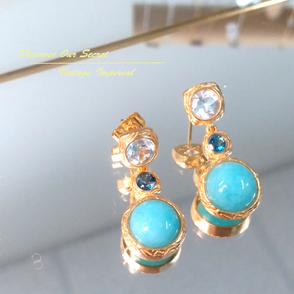 Vintage Imperial peru amazonite with topaz Earrings in gold