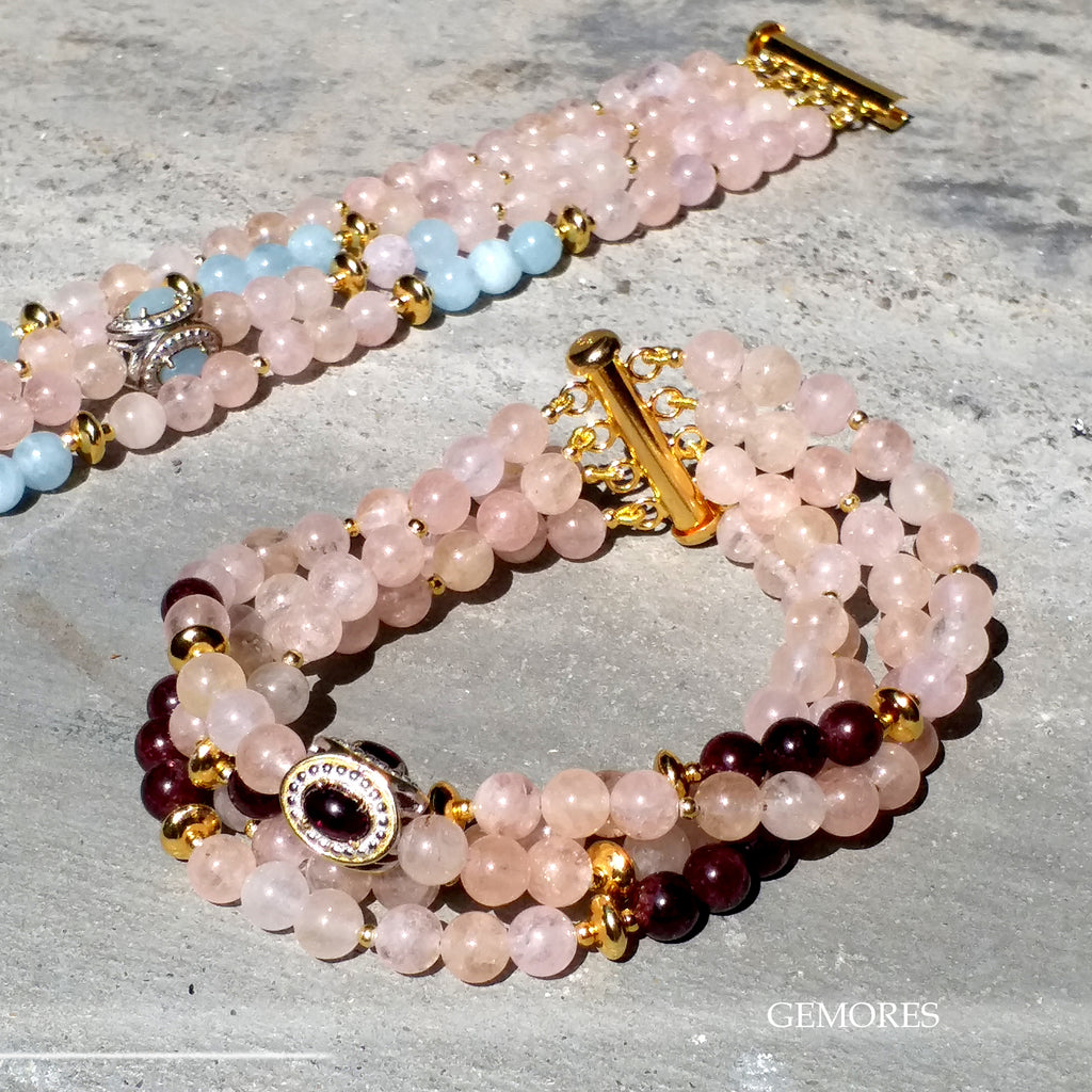 Raw Gems pink morganite beryl 4 rows bracelet in 18K gold silver Gemores