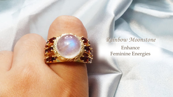 Astrid Collection cocktail ring set in lustrous rainbow moonstone