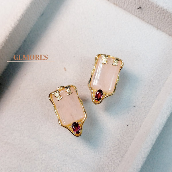 Vintage Imperial pink morganite with burgundy garnet Earrings in gold