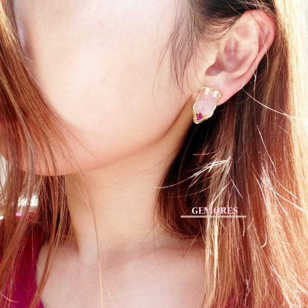 Vintage Imperial pink morganite with burgundy garnet Earrings in gold
