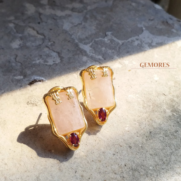 Vintage Imperial pink morganite with burgundy garnet Earrings in gold