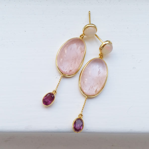 The Bespoke - Pink morganite with ethiopian opal earrings in 18K gold plated