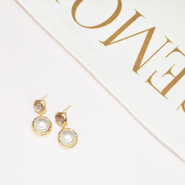 Vintage Imperial rainbow labradorite gems with lustrous pearl bezel earrings