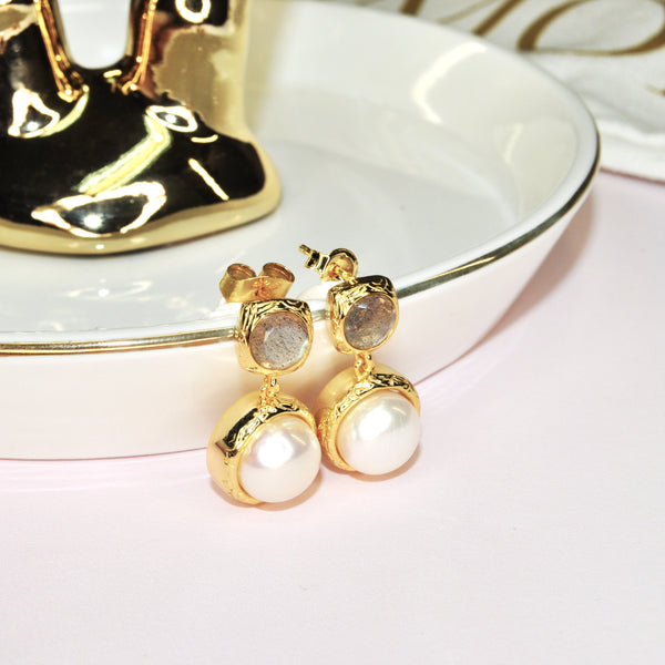 Vintage Imperial rainbow labradorite gems with lustrous pearl bezel earrings