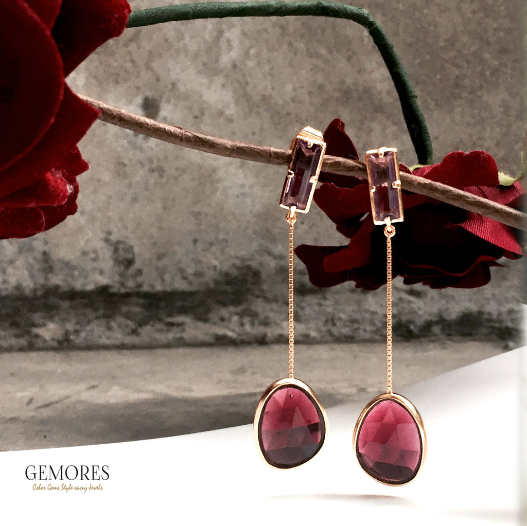 Astrid gold earrings in burgundy garnet & pink amethyst