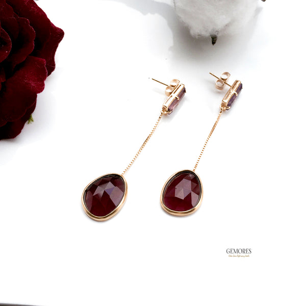 Astrid gold earrings in burgundy garnet & pink amethyst