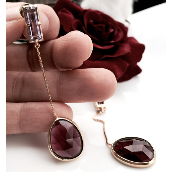 Astrid gold earrings in burgundy garnet & pink amethyst