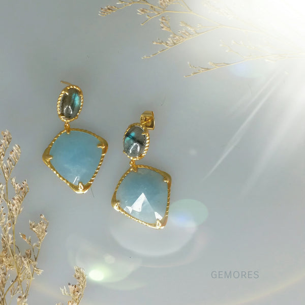 Raw Gems Rainbow labradorite with baby blue aqua gold earrings