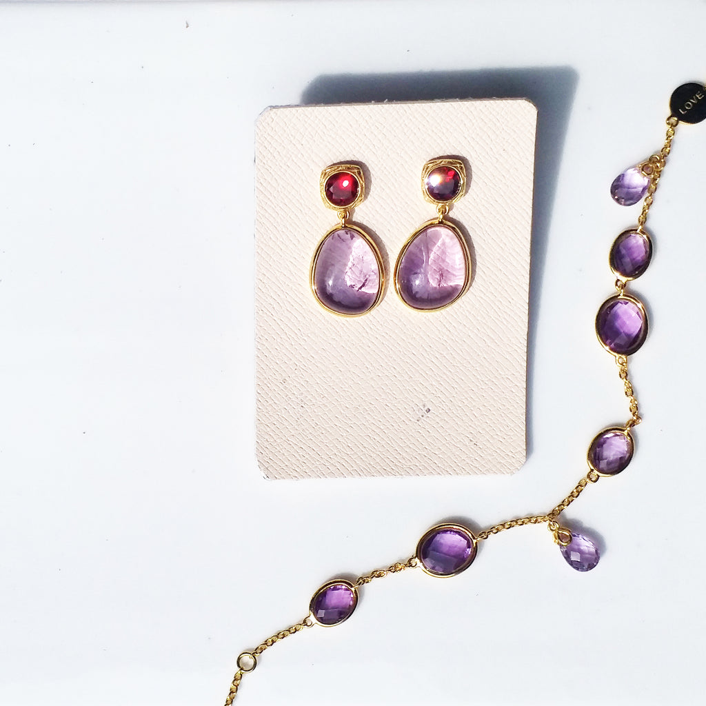 Pink amethyst bezel with burgundy garnet earrings in 18K gold