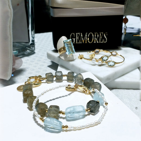 Raw Gems Collection rainbow labradorite with fancy cut prehnite bracelet in 18K gold