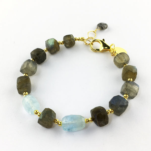 Raw Gems Collection rainbow labradorite with fancy cut prehnite bracelet in 18K gold