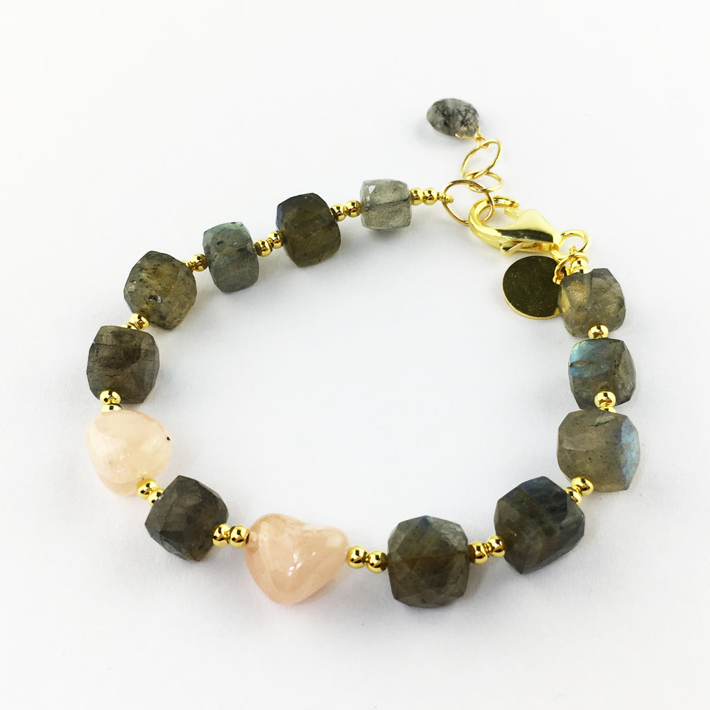 Raw Gems Collection rainbow labradorite with fancy cut morganite aquamarine bracelet in 18K gold