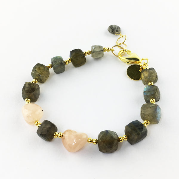 Raw Gems Collection rainbow labradorite with fancy cut prehnite bracelet in 18K gold