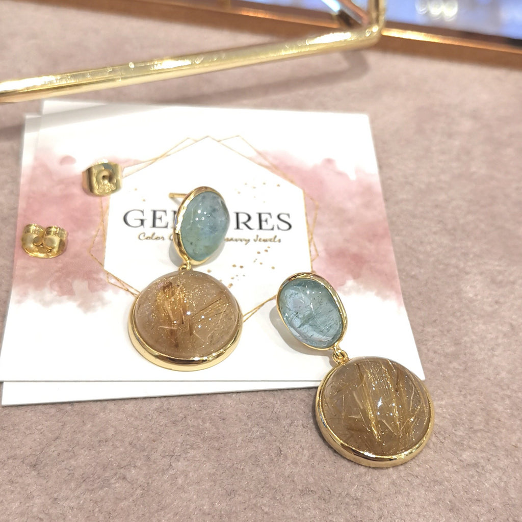 The bespoke rough cut aquamarine setting with golden rutilized quartz earrings in 18K gold plated