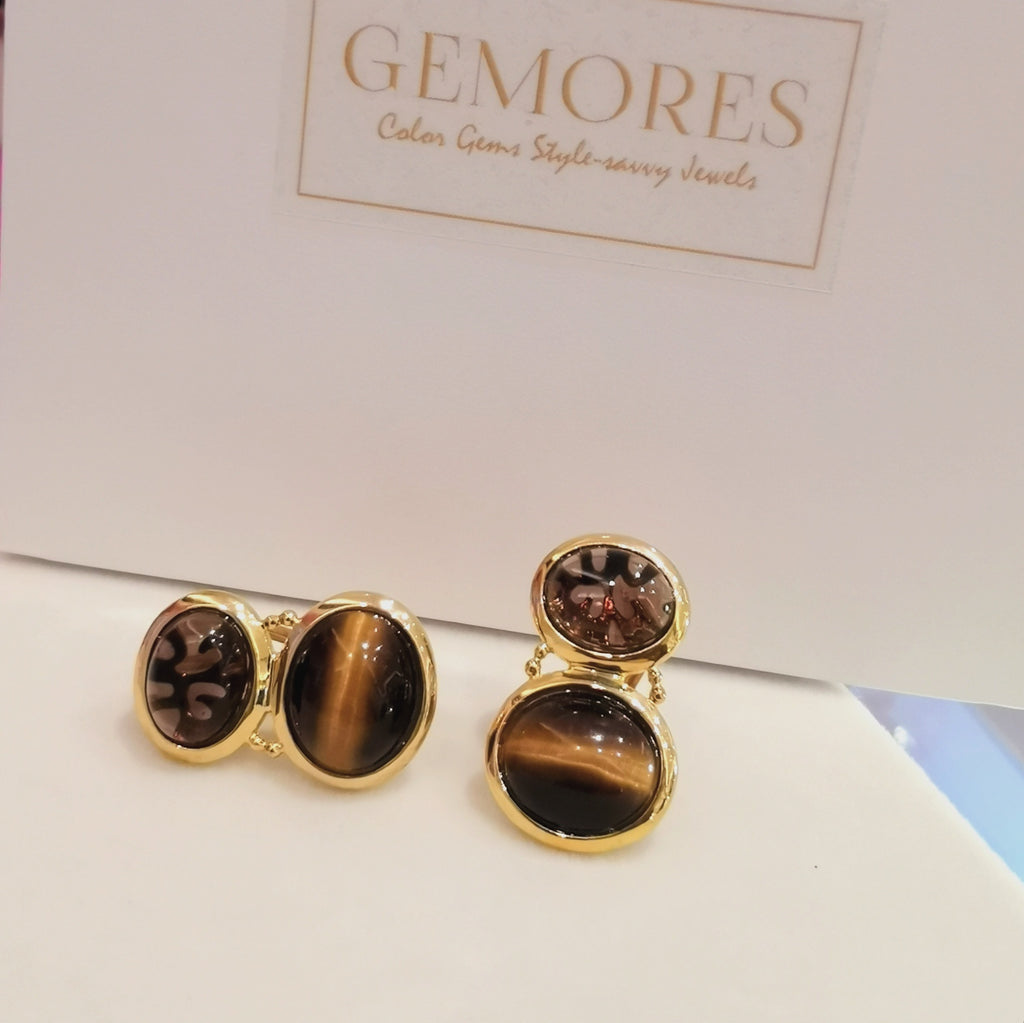 Astrid Collection ttiger eye & smoky quartz 18K gold Earrings