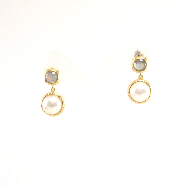Vintage Imperial lustrous pearl bezel with sparkling faceted labradorite earrings