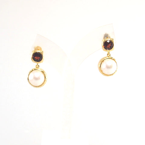 Vintage Imperial lustrous pearl bezel with sparkling faceted garnet earrings