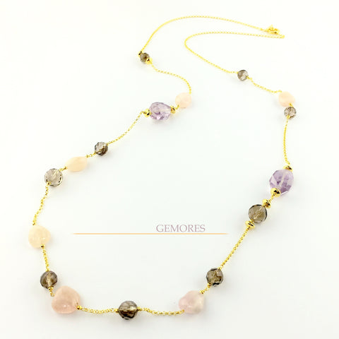 Raw Gems collection rock pink amethyst with morganite long necklace in 18K gold