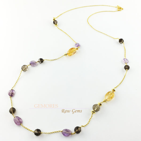 Raw Gems collection citrine with pink amethyst long necklace in 18K gold