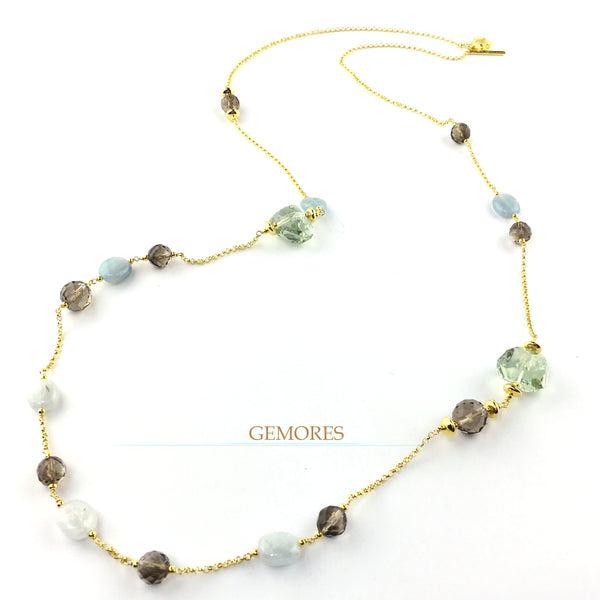 Raw Gems collection rock prasiolite with ocean aqua long necklace in 18K gold