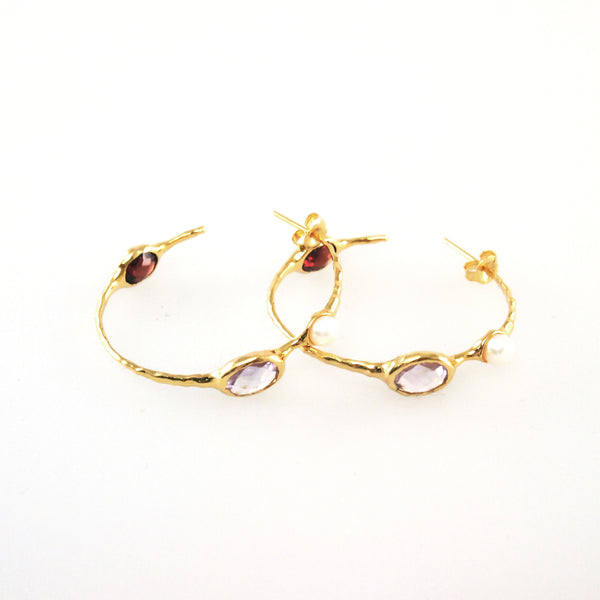 Hoop earrings set with pink amethyst and burgundy garnet in 18K gold