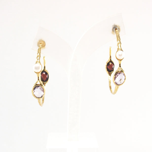 Hoop earrings set with pink amethyst and burgundy garnet in 18K gold