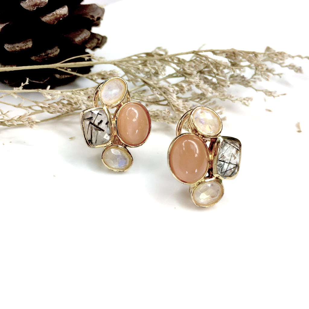 Astrid Collection 18K gold Earrings in rainbow and peachy moonstone