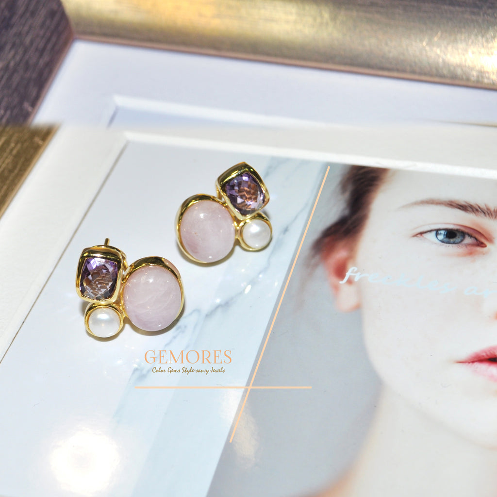 The Astrid Collection Lustrous pearl with pink kunzite in 18K gold Earrings