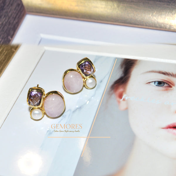 Astrid Collection lustrous pearl with pink kunzite in 18K gold Earrings