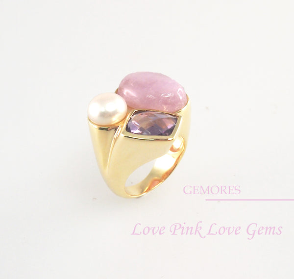 Astrid Collection pink kunzite & lustrous pearl in 18K gold Ring